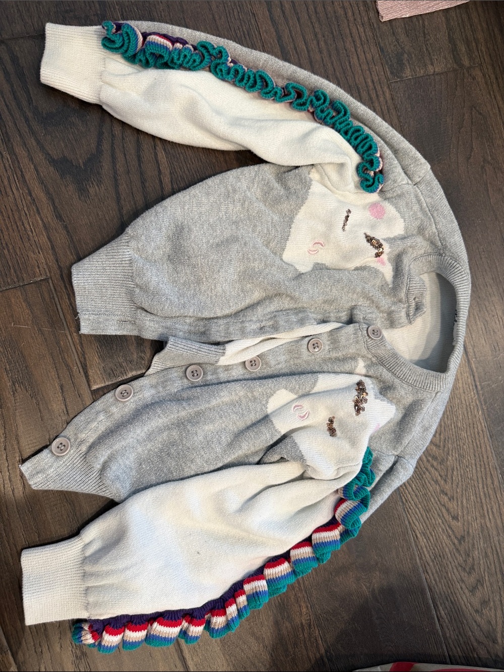 Lola + The Boys Gray & White Embroidered Face Cardigan with Colorful Ruffle Trim